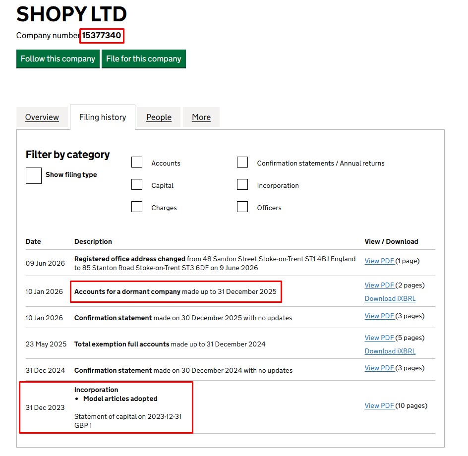 Реестр Companies House: рег. 15377340, регистрация 31.12.2023 — но за 2025 подана отчётность компании без деятельности (dormant)